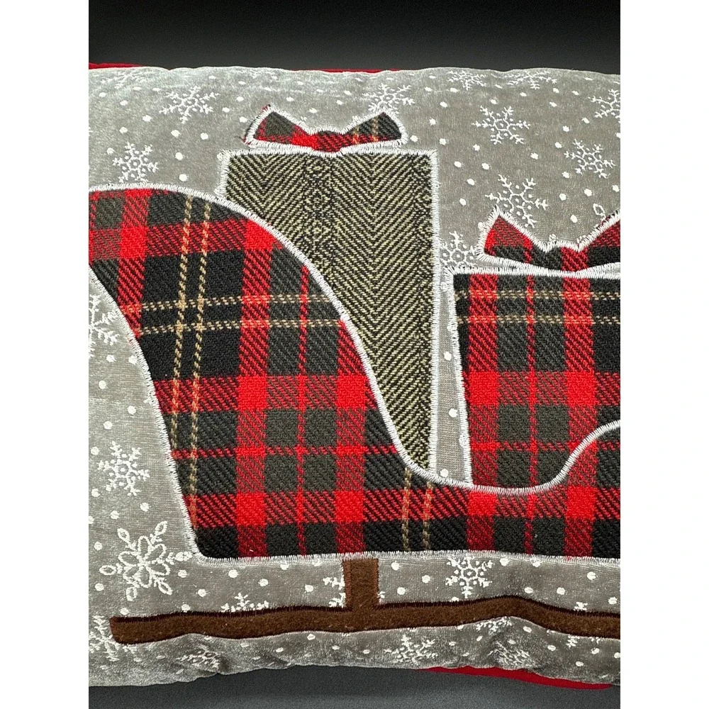 Santa Sleigh and Snowflake Christmas Throw Pillow/Red Trim -Soft Velvet Material